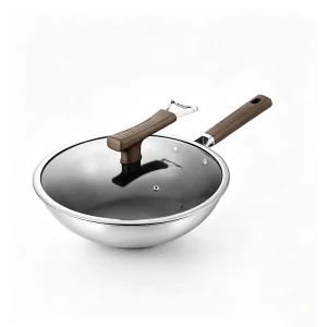 ODM product shot of GS-01702-FP tri-ply titanium frying pan with glass lid and matching brown lid knob