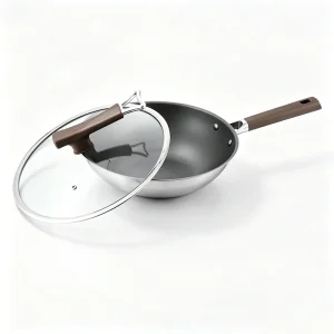 Open-lid view of GS-01702-FP tri-ply titanium frying pan showing deep dark interior and riveted handle