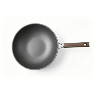 Top view of GS-01702-FP tri-ply titanium frying pan with dark cooking surface and brown hanging handle