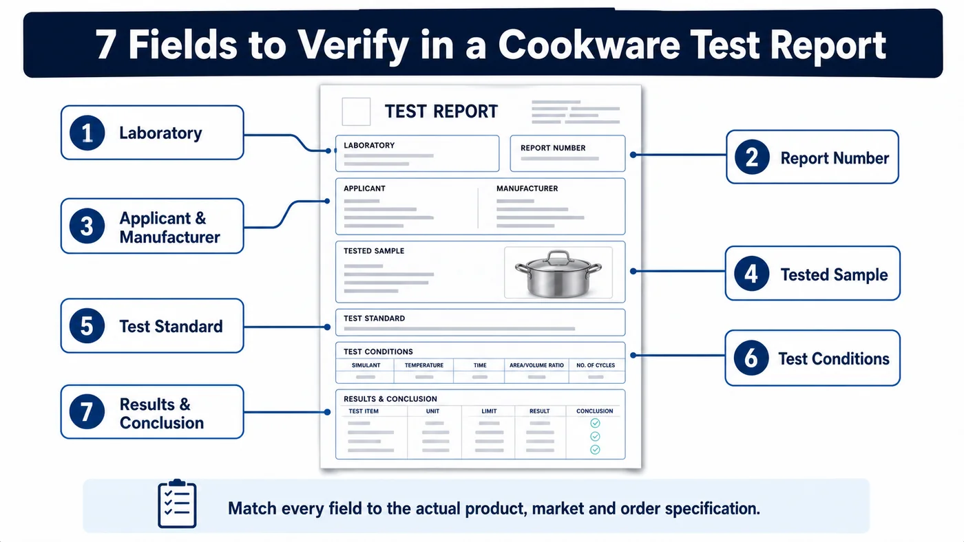 Infographic showing seven fields buyers should verify in a cookware supplier test report