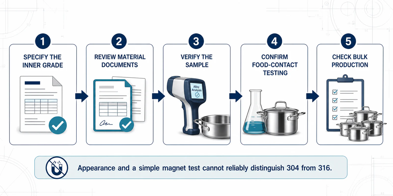 B2B process for verifying 304 or 316 stainless steel cookware inner layer material grade