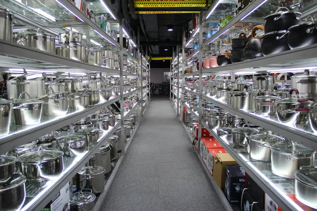 Stainless steel cookware showroom aisle in Goldensea Shenzhen office