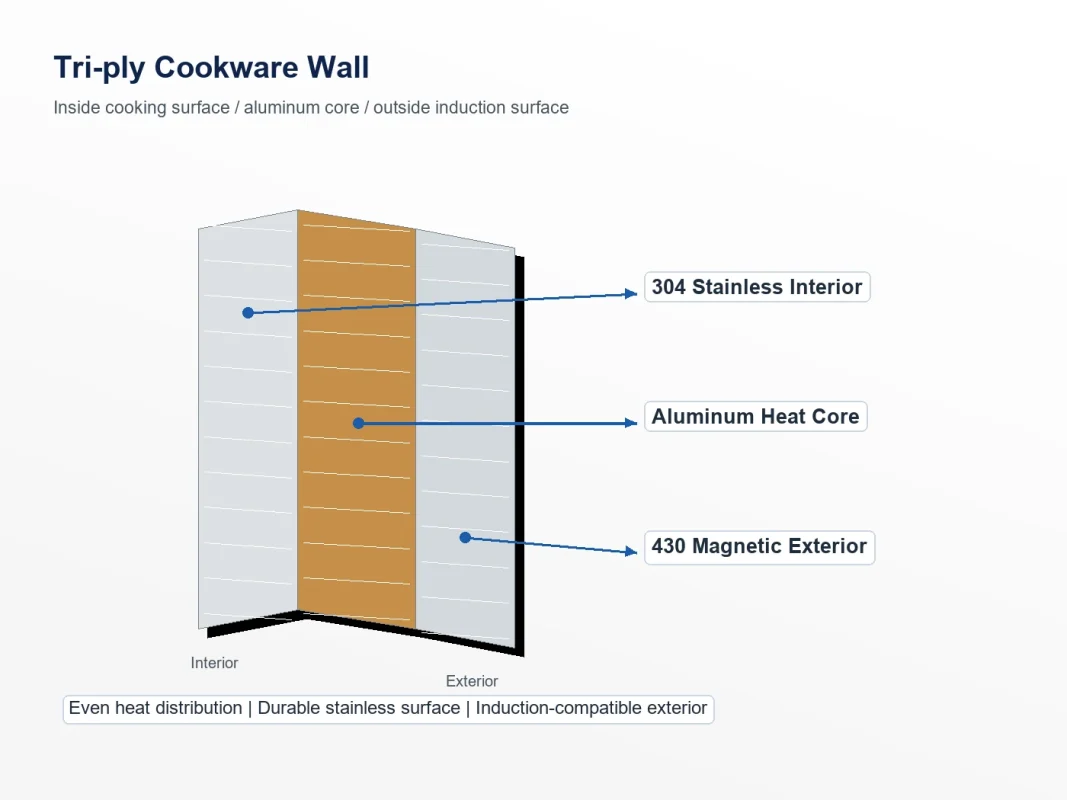 tri-ply cookware wall cross-section with 304 stainless interior aluminum core and 430 magnetic exterior