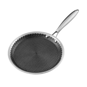 GS-01601EN-CP tri-ply stainless steel crepe pan with low sidewall and visible honeycomb-pattern cooking surface
