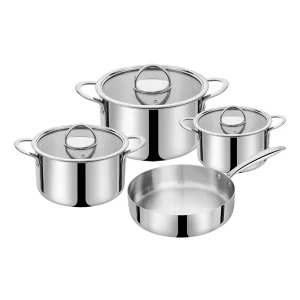 GS-01607-7PC tri-ply stainless steel cookware set with three glass-lidded pots and frying pan