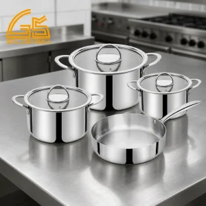 GS-01607-7PC 7-piece tri-ply stainless steel cookware set with glass lids in a commercial kitchen