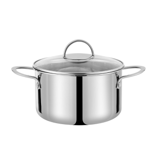 GS-01607 tri-ply stainless steel casserole pot with T-shape glass lid and stainless steel wire handles