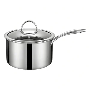GS-01607 tri-ply stainless steel saucepan with glass lid and modern long handle for OEM cookware sourcing