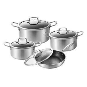 GS-01631 8-piece tri-ply cookware set with three lidded casseroles and one honeycomb frying pan