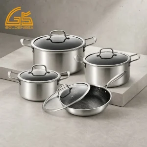 GS-01631 8-piece cookware set with glass lids in industrial studio scene