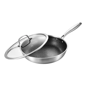 GS-01631 frying pan with glass lid and visible honeycomb-pattern interior