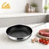 GS-01660-FP honeycomb tri-ply stainless steel frying pan with long handle in a kitchen prep scene