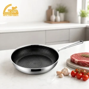 GS-01660-FP honeycomb tri-ply stainless steel frying pan with long handle in a kitchen prep scene