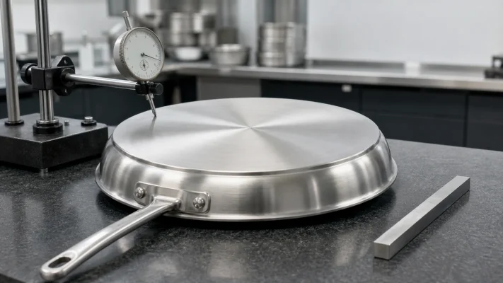 Illustrative tri-ply stainless steel frying pan base flatness inspection on a granite plate for B2B sample testing