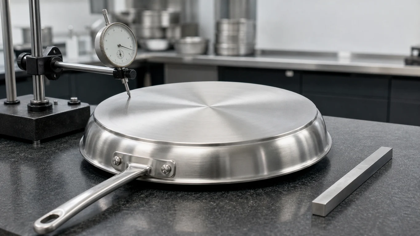 Illustrative tri-ply cookware base-flatness inspection