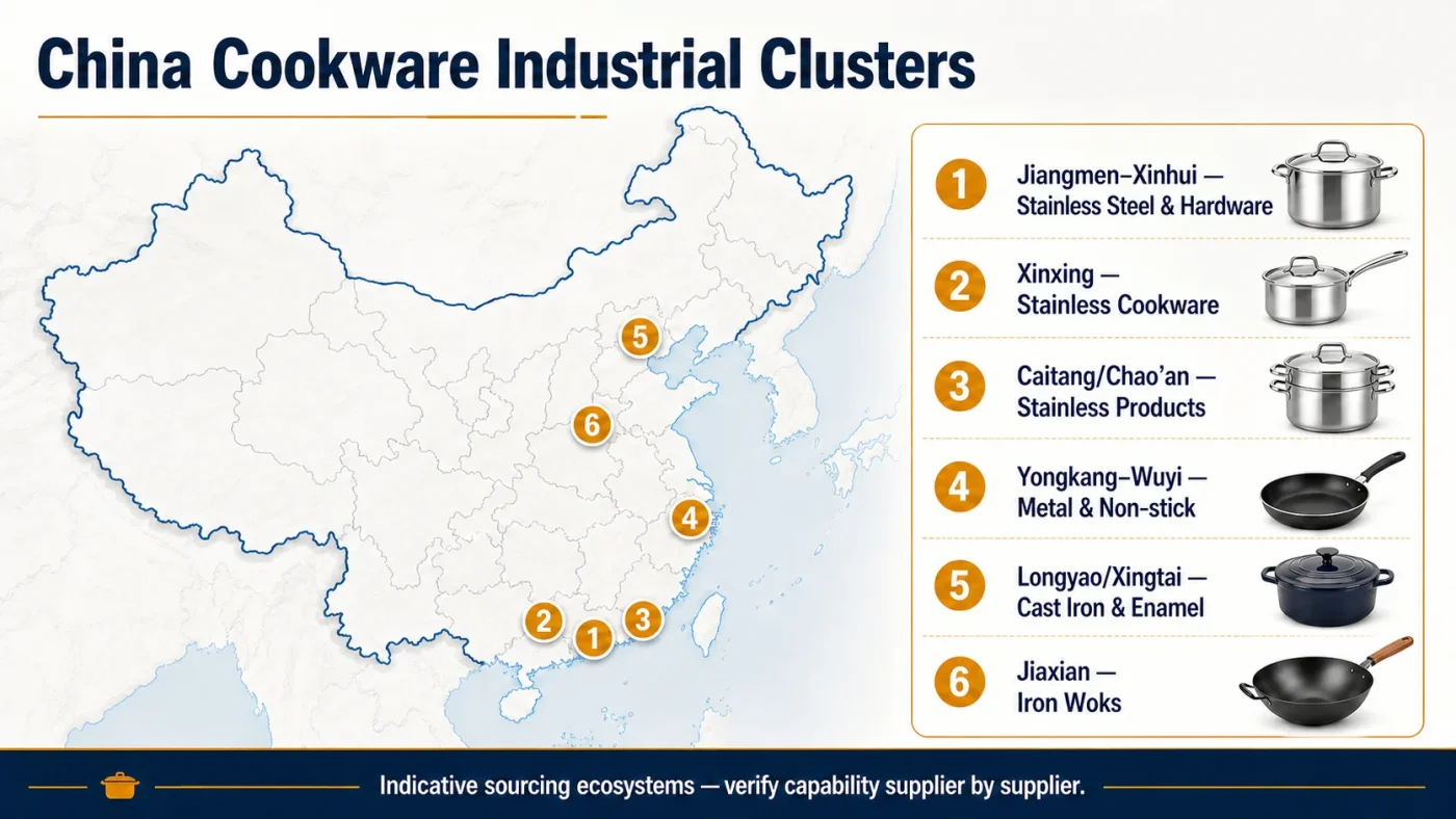 China cookware industrial clusters map showing Jiangmen, Xinxing, Caitang, Yongkang-Wuyi, Longyao-Xingtai and Jiaxian