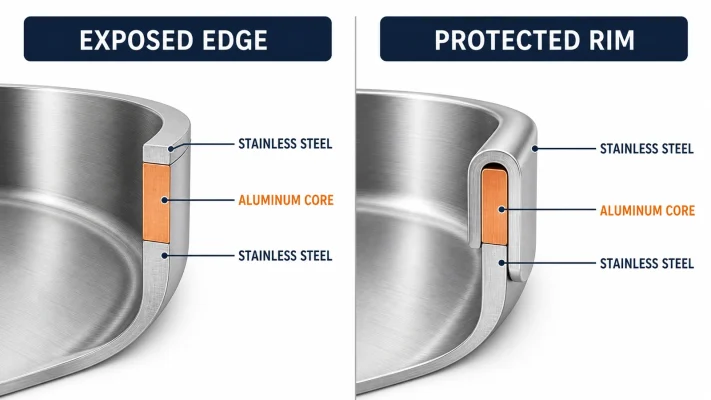 sealed rim versus exposed aluminum edge cross section in tri-ply stainless steel cookware