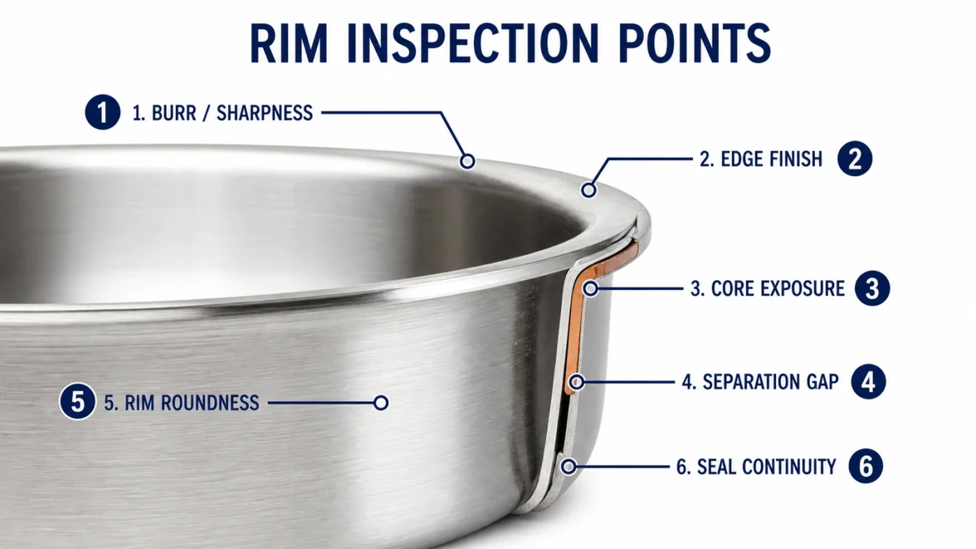tri-ply cookware rim inspection points for burrs edge finish core exposure separation gap roundness and seal continuity