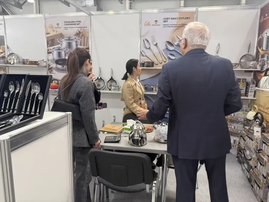 Visitors speaking with the Goldensea team at HouseHold Expo 2026