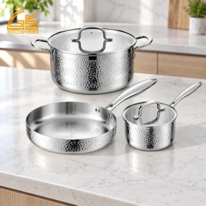 5-piece hammered tri-ply stainless steel cookware set gs-01690-hm-5pc in a kitchen scene