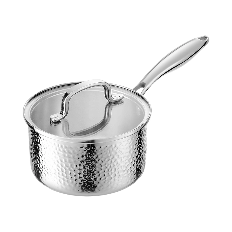 Silver hammered tri-ply stainless steel saucepan gs-01690-hm-sp with glass lid