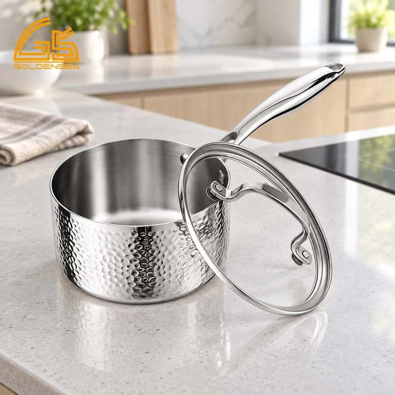 Hammered tri-ply stainless steel saucepan gs-01690-hm-sp in a modern kitchen scene