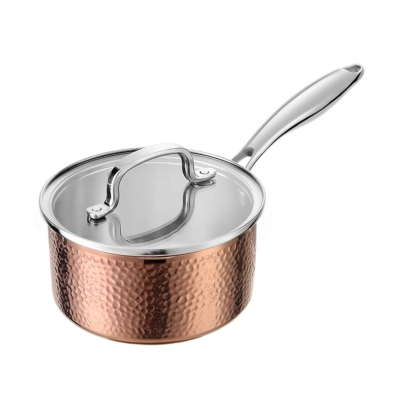 Copper-color hammered tri-ply saucepan gs-01690-hm-sp with glass lid
