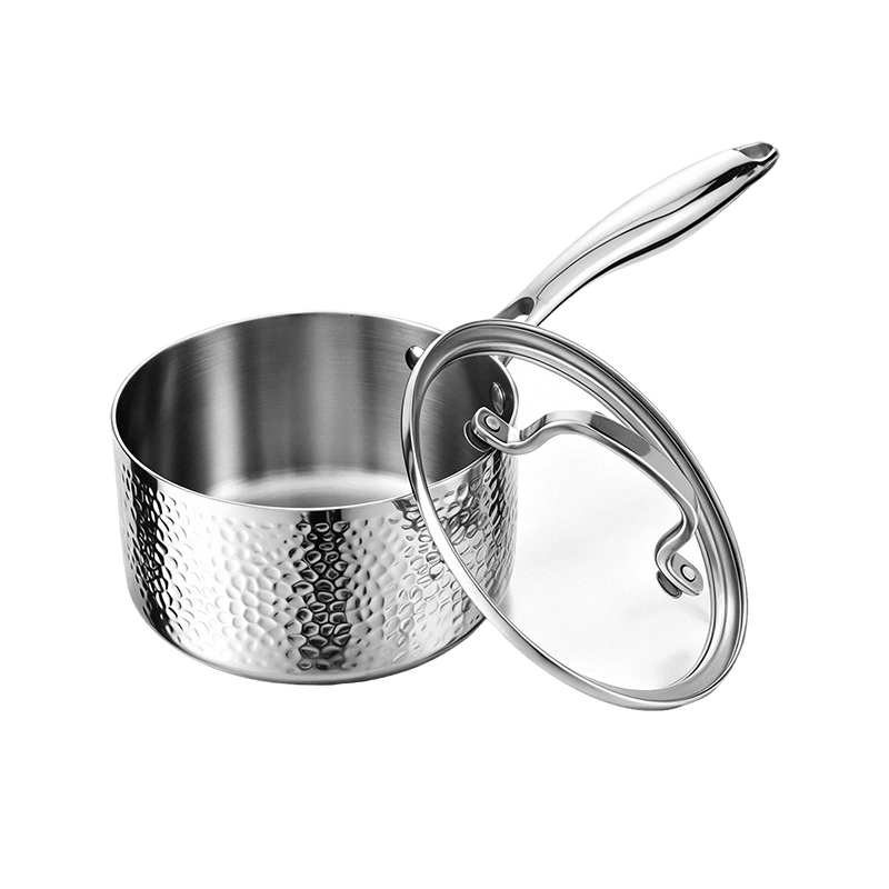 Open view of gs-01690-hm-sp hammered saucepan with stainless steel interior and glass lid