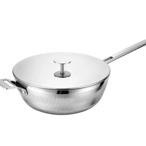 Deeper grooved stainless steel wok with long handle, opposite helper handle, and steel lid, included in the GS-01670-8PC cookware set