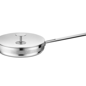 Shallow grooved stainless steel frying pan with a long handle and flat steel lid, included in the GS-01670-8PC cookware set