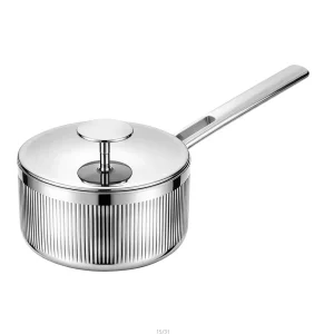 Long-handle grooved stainless steel saucepan with a flat steel lid, included in the GS-01670-8PC cookware set