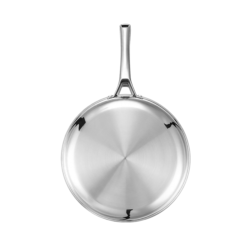 Bottom view of GS-01704-FP tri-ply titanium frying pan with circular brushed base and Y-shaped handle connection