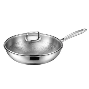 GS-01704-WK titanium wok with glass lid in place, metal lid grip and long handle on white background