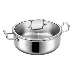 White-background view of GS-01801-CA five-ply stainless steel casserole with glass lid, metal loop lid handle and polished side handles