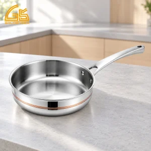 GS-01802-FP 5-ply copper core stainless steel frying pan with copper-colored band and riveted long handle on a kitchen counter