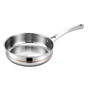 GS-01802-FP 5-ply copper core stainless steel frying pan showing smooth interior, copper-colored exterior band and long handle